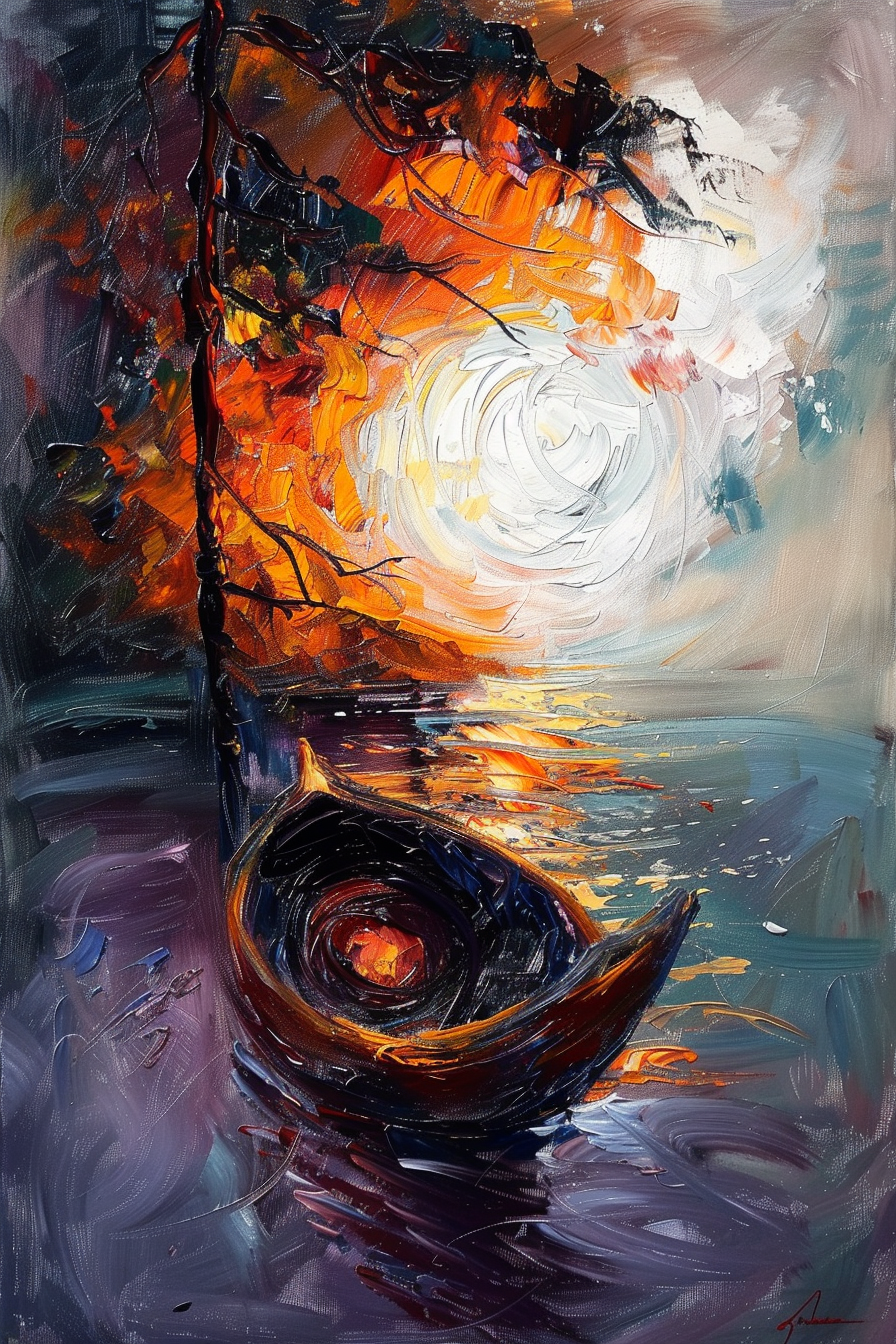 "Vibrant, abstract painting of a small boat on water reflecting a fiery sunset with swirling orange and white sky."