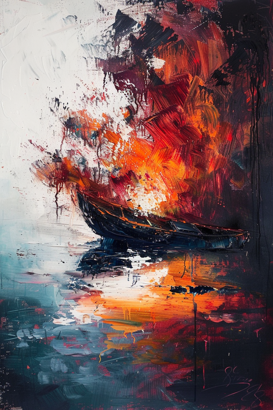 Abstract painting of a vibrant, fiery sunset reflecting on water with a dark silhouette of a boat in the foreground.