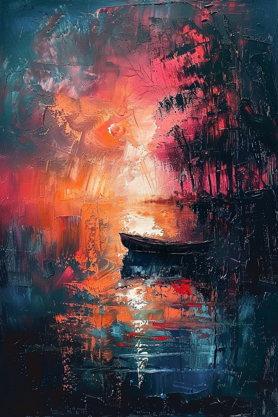 Abstract expressionist painting with vibrant reds, blues, and black featuring a solitary boat silhouette reflected in water.