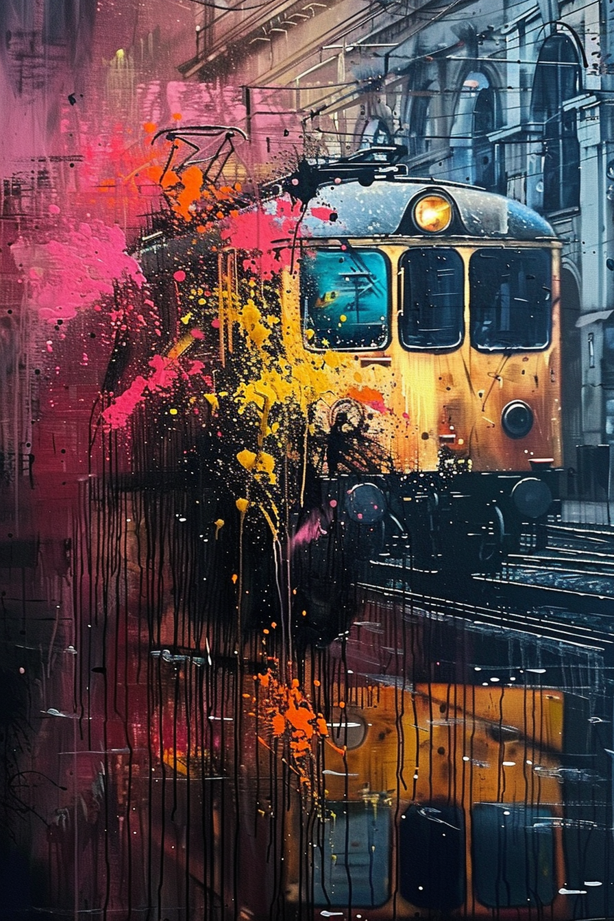 Train with vibrant pink and yellow paint splatters on a moody, urban background.