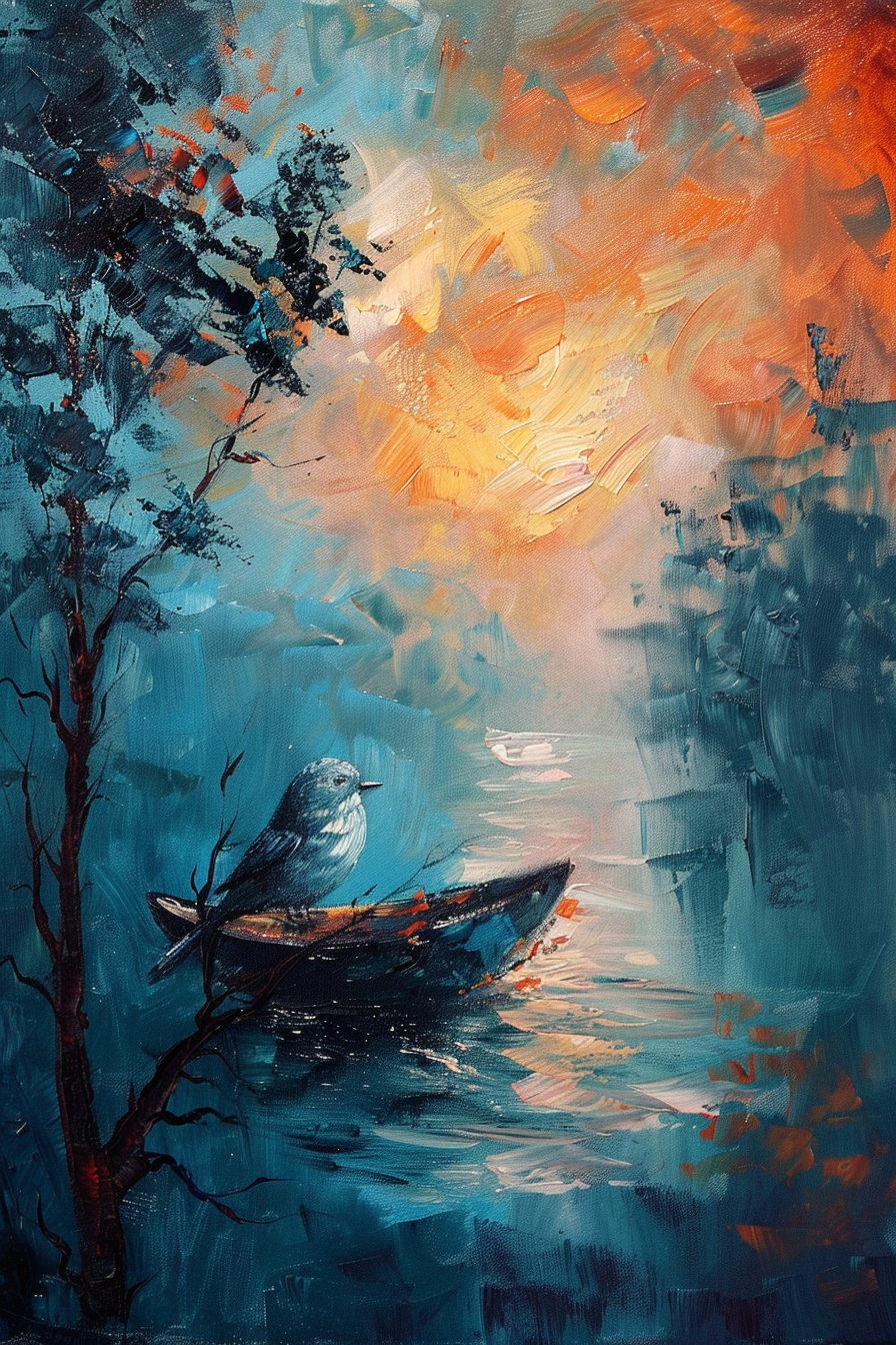Abstract painting of a bird perched on a branch with vibrant brushstrokes of orange and blue, creating a dreamy sunset reflection on water.
