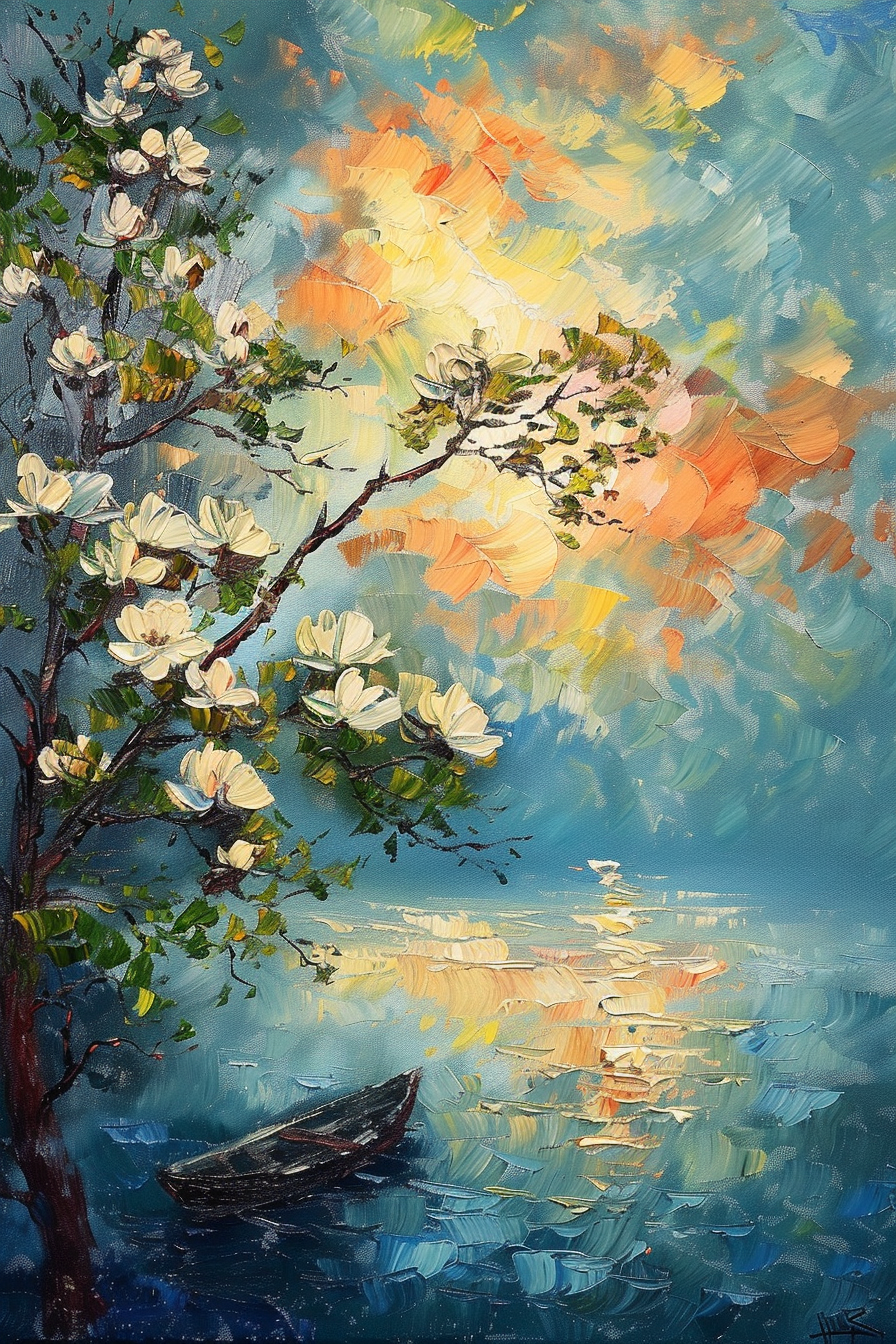 Impressionist painting of a blooming tree by a reflective body of water with soft sunlight and a solitary boat.