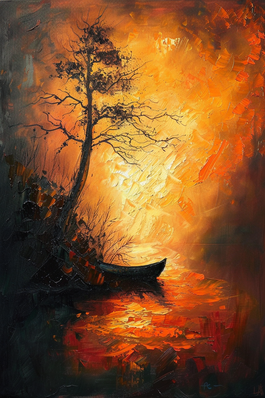 Impressionist painting of a tree by a boat on fiery water, reflecting a brilliant sunset sky with vibrant orange and red hues.
