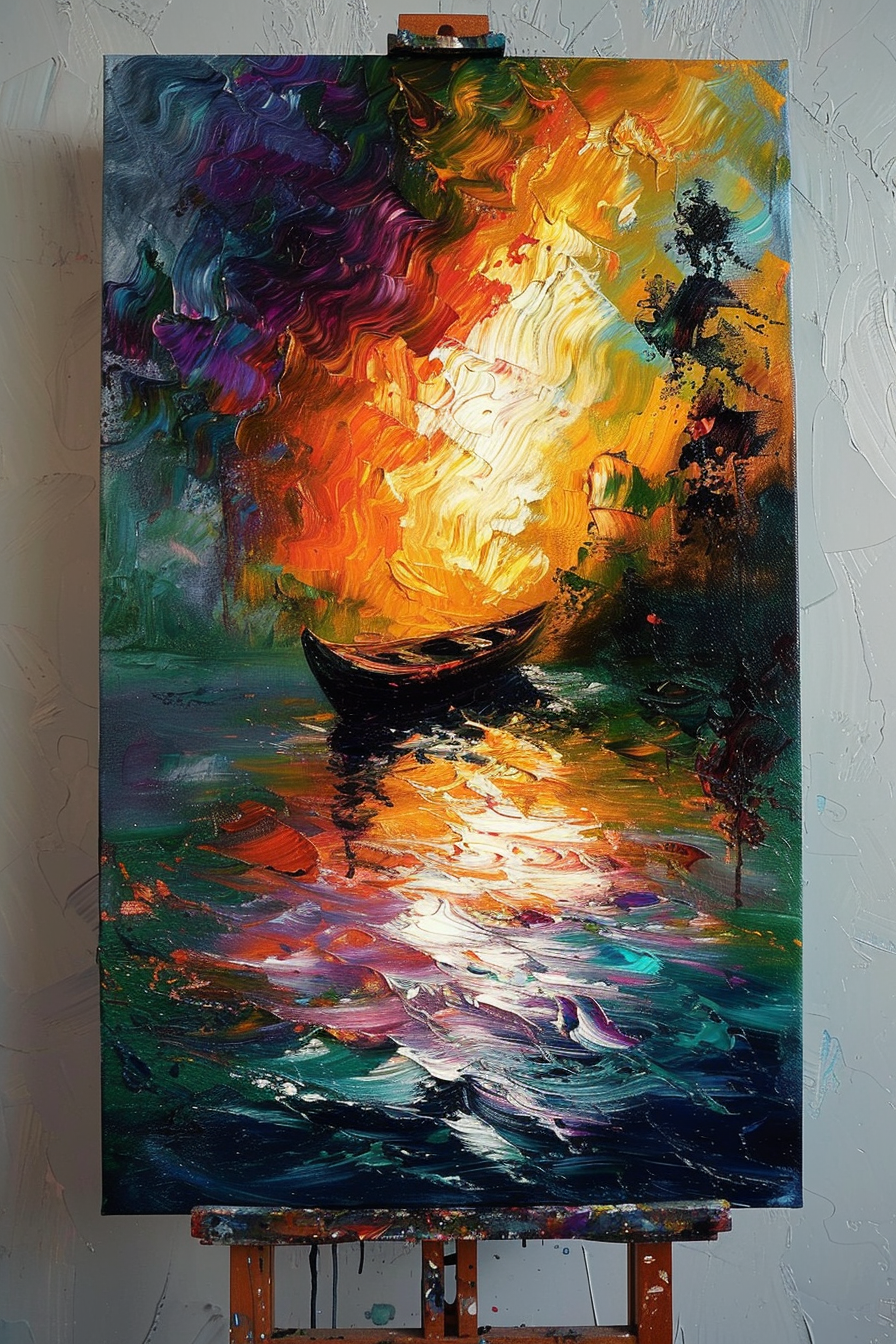 Colorful impressionistic painting of a sunset reflecting on water with a silhouette of a lone boat on an easel.