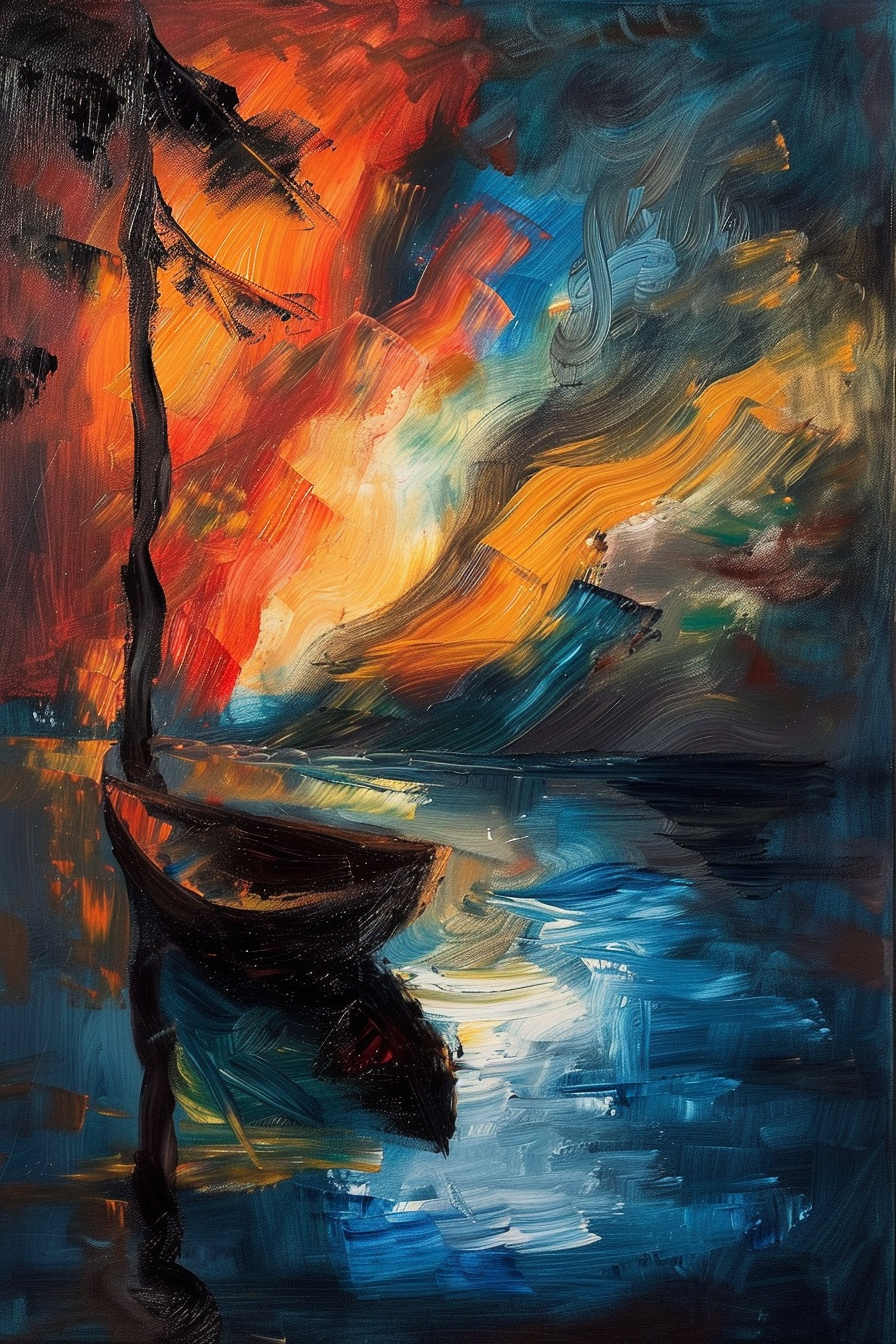 Abstract painting depicting vibrant, swirling colors with a silhouette of a boat reflected in water.