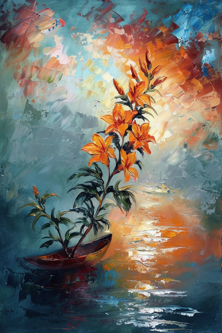 "Vibrant oil painting of orange lilies in a dark bowl, with a dynamic, textured background suggesting sunlight reflecting on water."