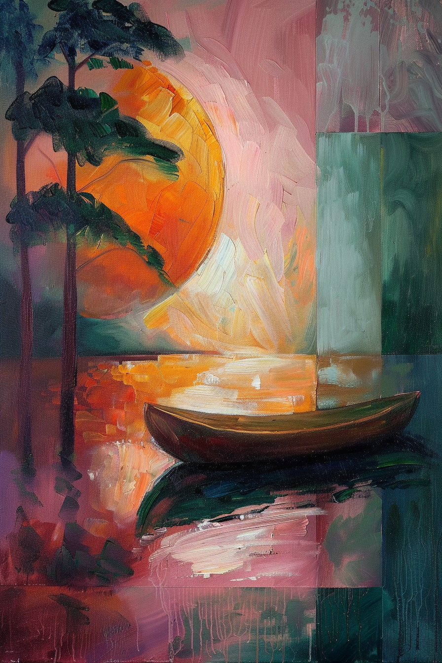 A vibrant abstract painting depicting a sunset with a boat on water, incorporating vivid oranges, pinks, and greens with distinct brushstrokes.