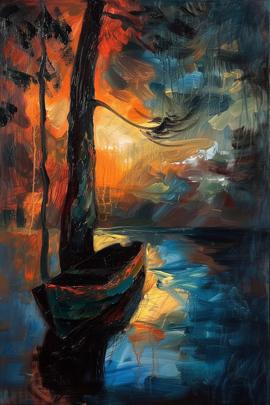 Impressionistic painting of a tranquil scene with a boat by a tree, reflecting warm sunset hues on water.