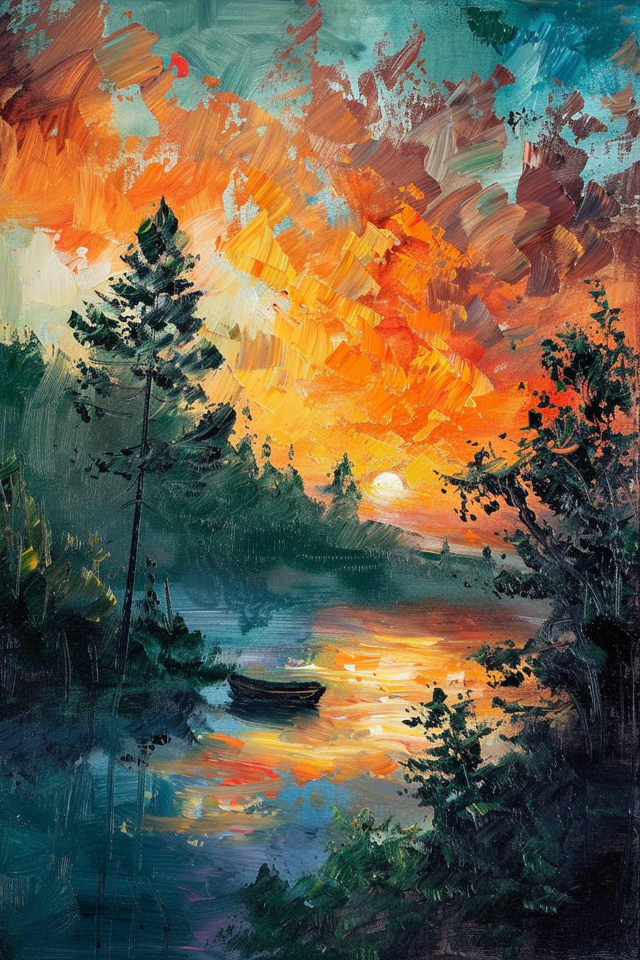 ALT text: "Impressionistic painting of a vibrant sunset with strokes of orange and red over a serene lake with a solitary boat and silhouetted trees."