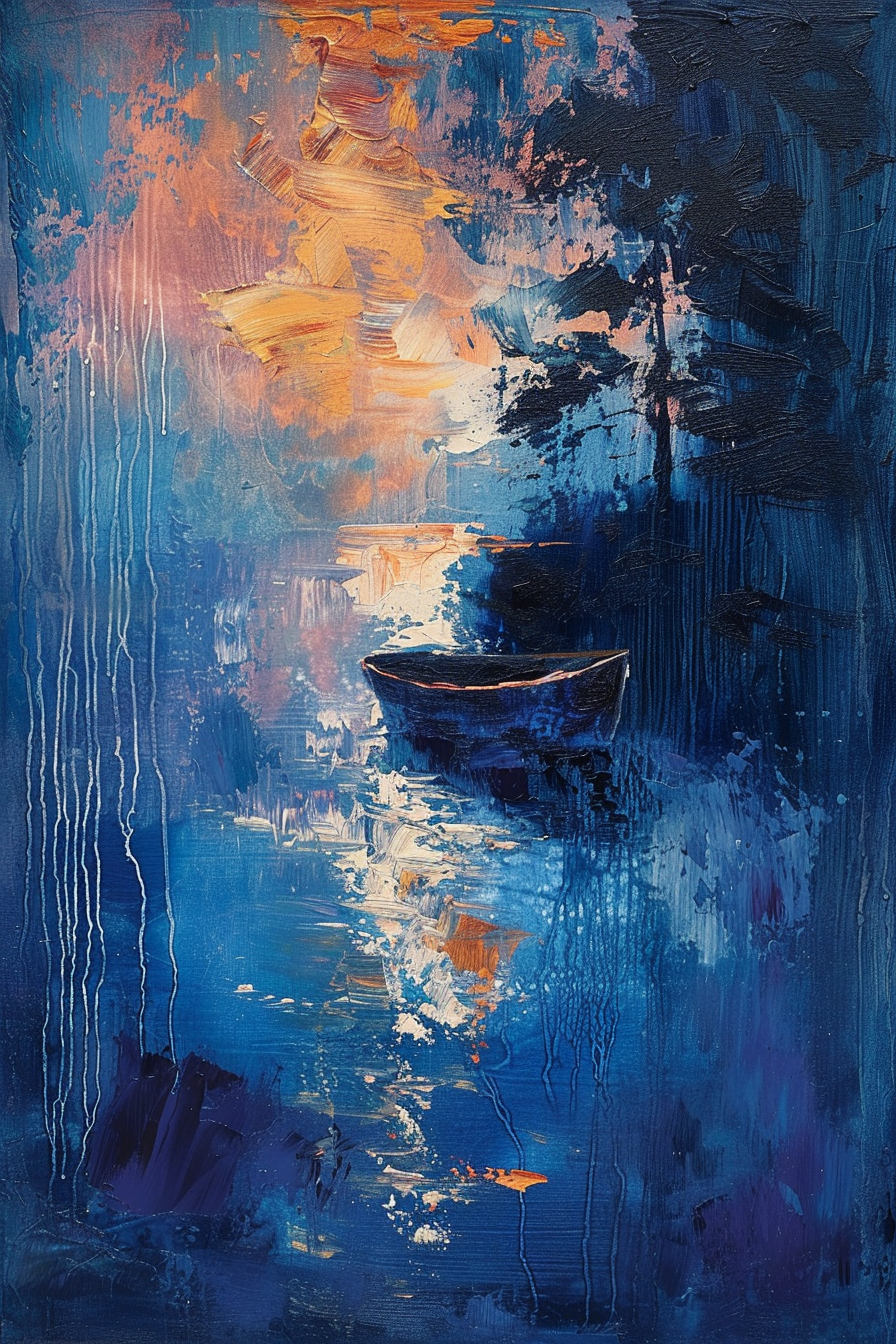 ALT: Abstract oil painting of a solitary boat on water with dynamic blue and orange strokes reflecting the sky's colors on the surface.