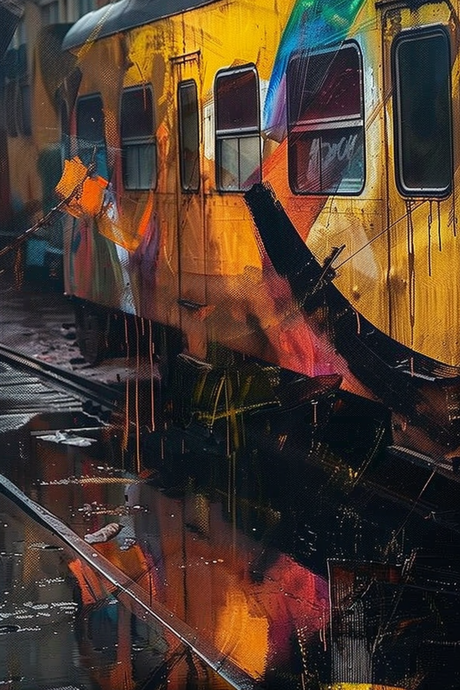 A colorful graffiti-covered train car under rainfall, reflecting a vibrant mix of dripping hues on wet surfaces.