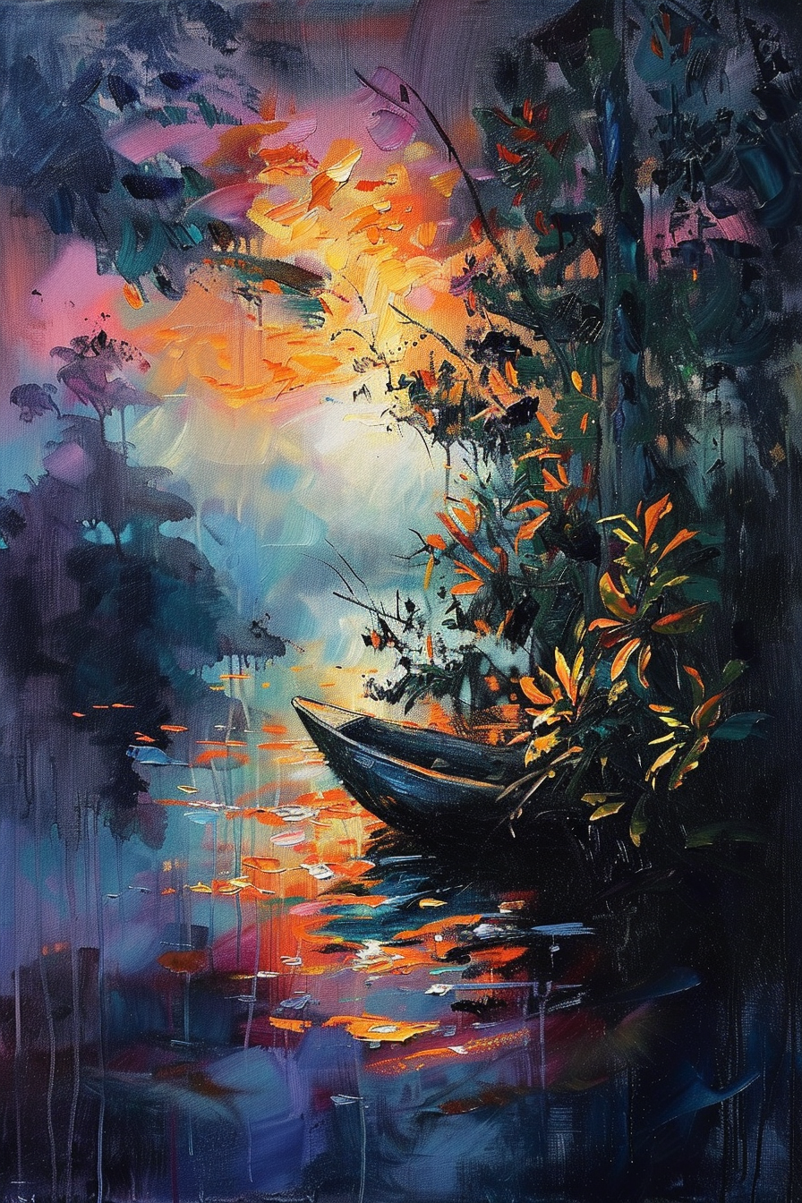 A vibrant painting of a serene sunset with reflections over water and a solitary boat, framed by dark foliage and bright orange blooms.