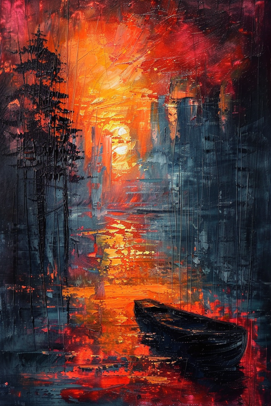 Abstract painting of a boat on a reflective water surface with silhouetted trees against a vivid red and orange sunset sky.