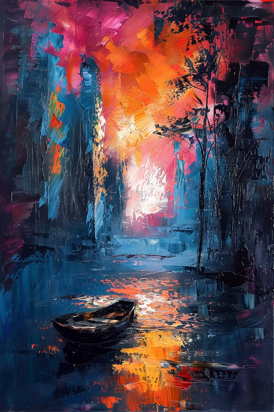 Abstract colorful painting of a serene river scene with a boat, reflecting a vibrant sunset amidst trees.