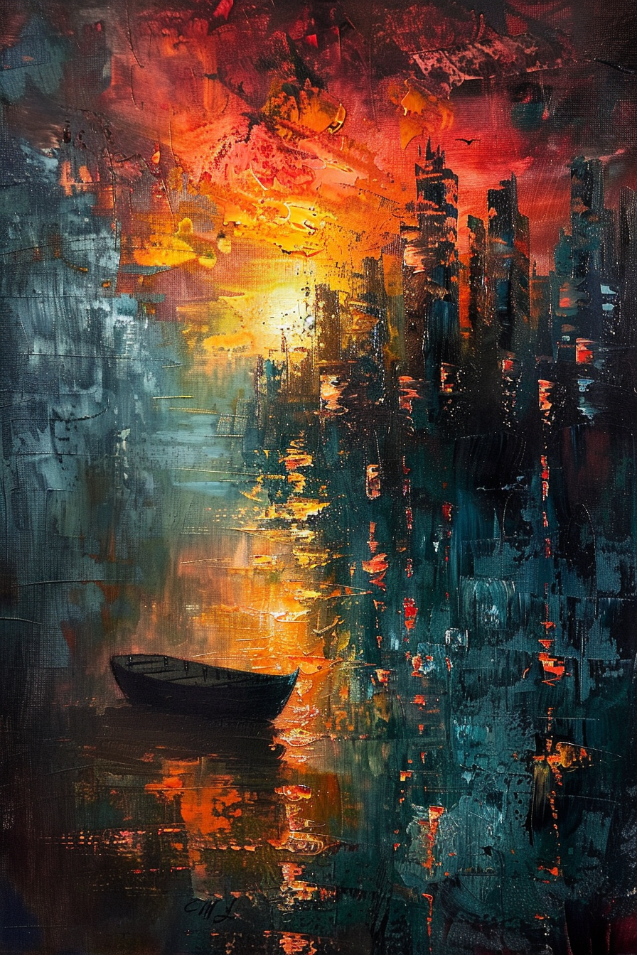 ALT: Abstract painting of a vibrant sunset reflecting off a city skyline on water with a dark silhouette of a boat in the foreground.