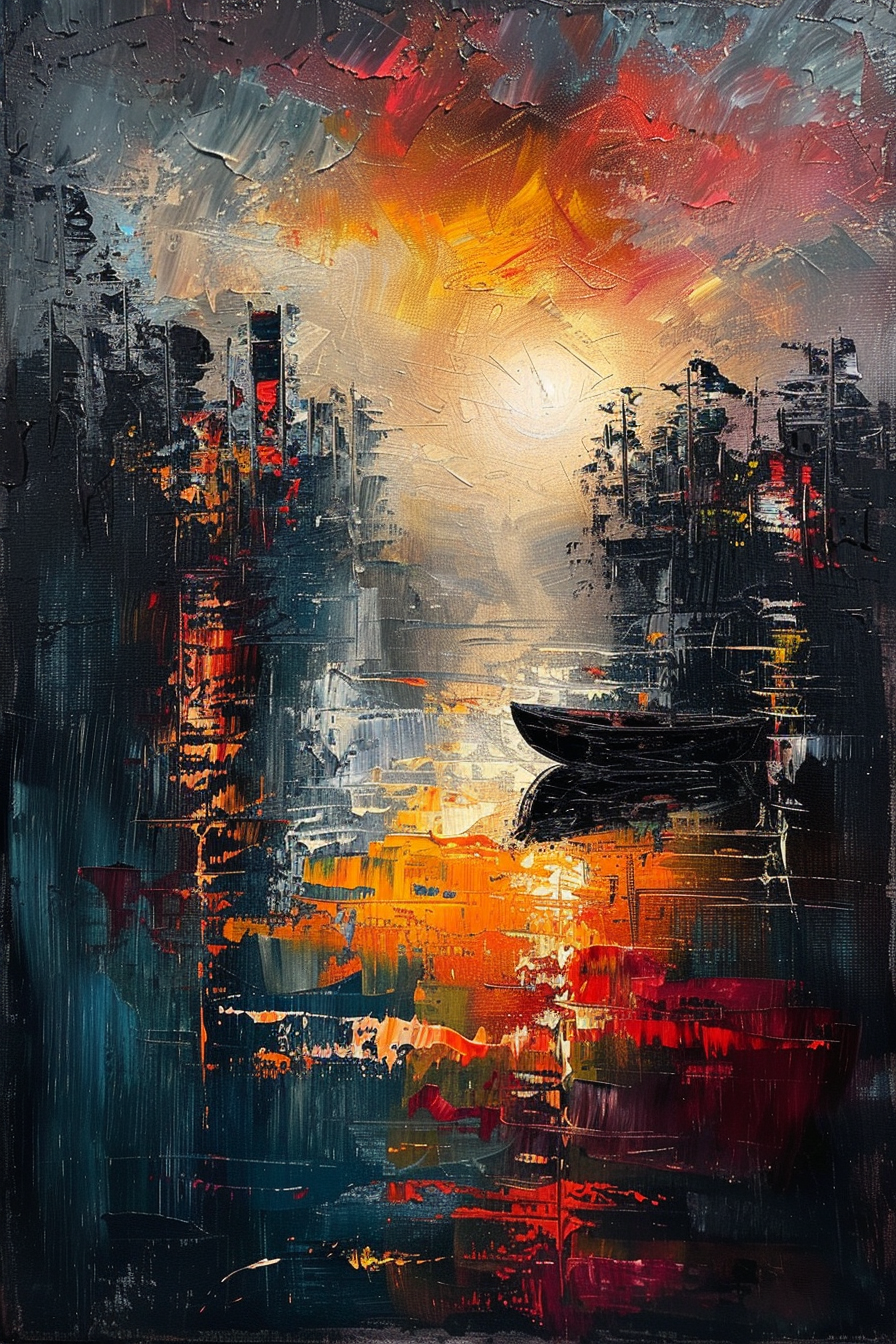 Alt text: Abstract painting depicting a vibrant cityscape at sunset with reflections on water and a silhouette of a boat in the foreground.