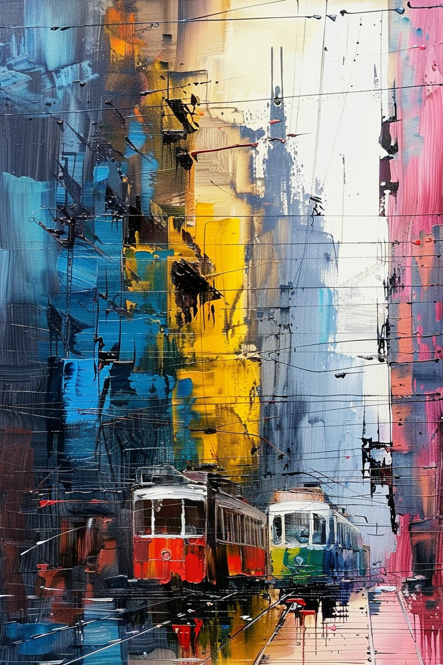 Colorful abstract cityscape painting featuring two trams on tracks with vibrant brushstrokes and dripping paint details.