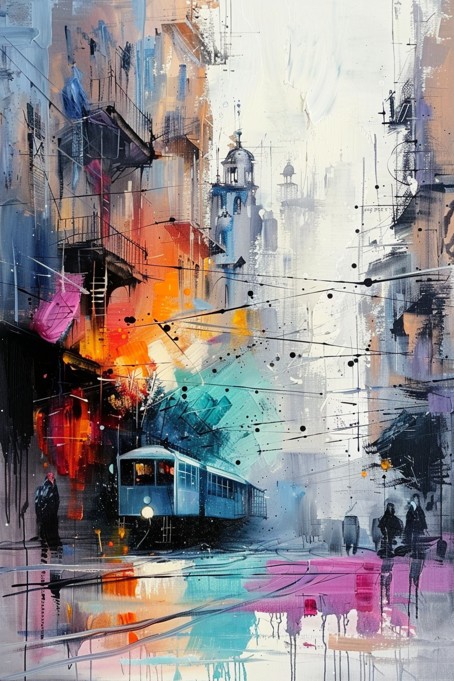 Abstract cityscape painting with vibrant splashes of color featuring a tram and silhouettes of people reflecting on wet streets.