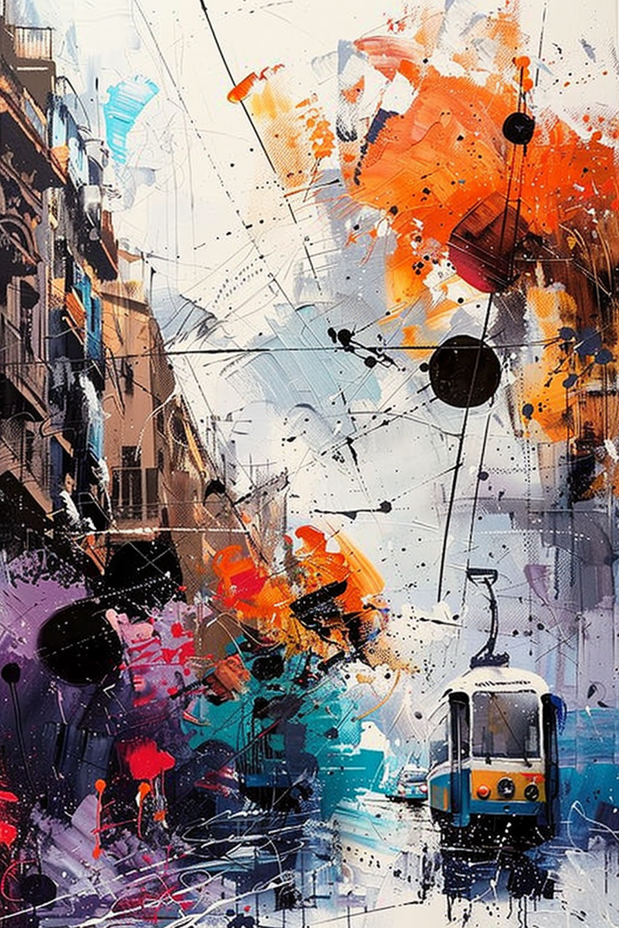 Abstract colorful painting of a tram on a bustling street, with vivid splashes representing urban vibrancy.