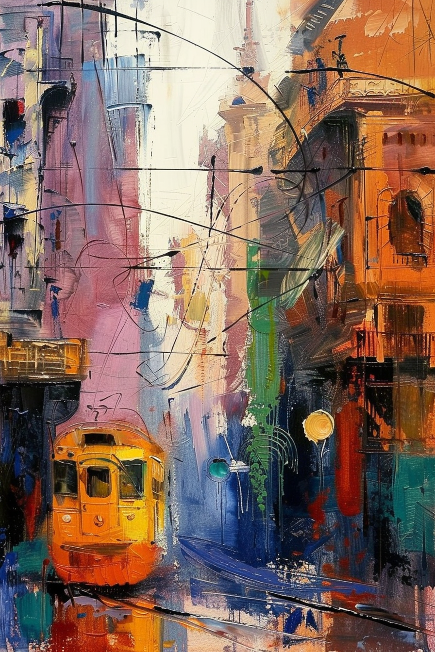 Abstract street scene painting with vibrant colors depicting buildings and a yellow tram.