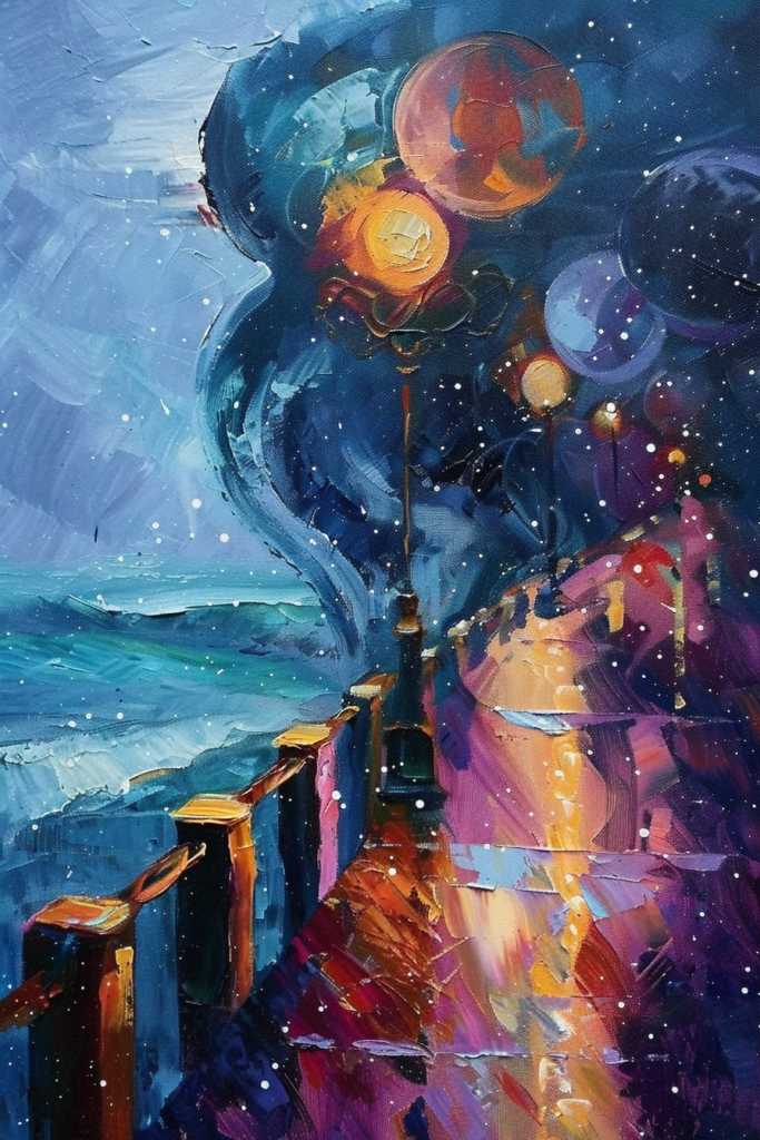 An expressive painting of a lamppost with glowing colorful globes against a night sky with swirling stars over a balcony.
