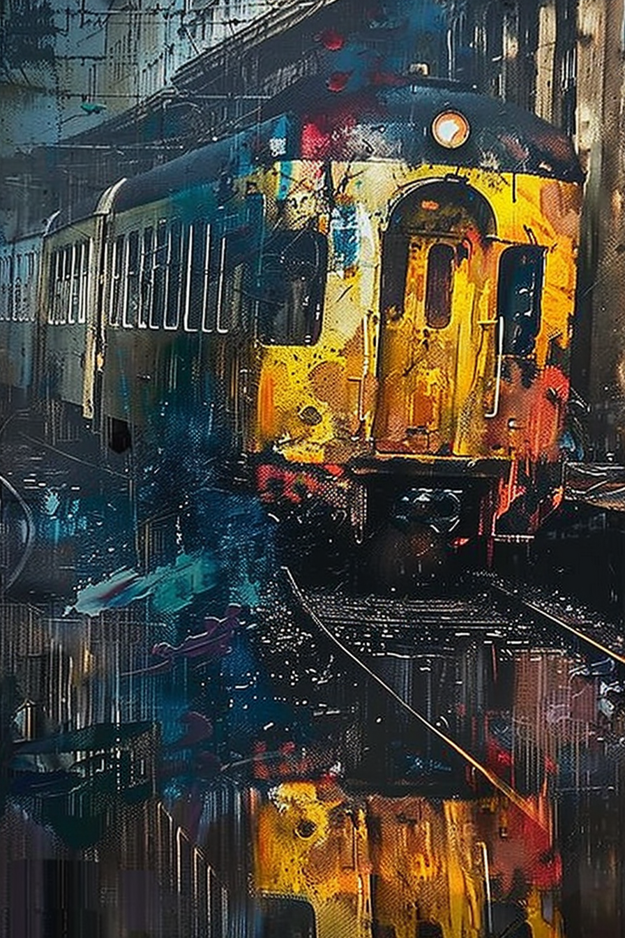 An abstract, graffiti-like painting of a train with vibrant yellow and blue colors set against a gritty backdrop.