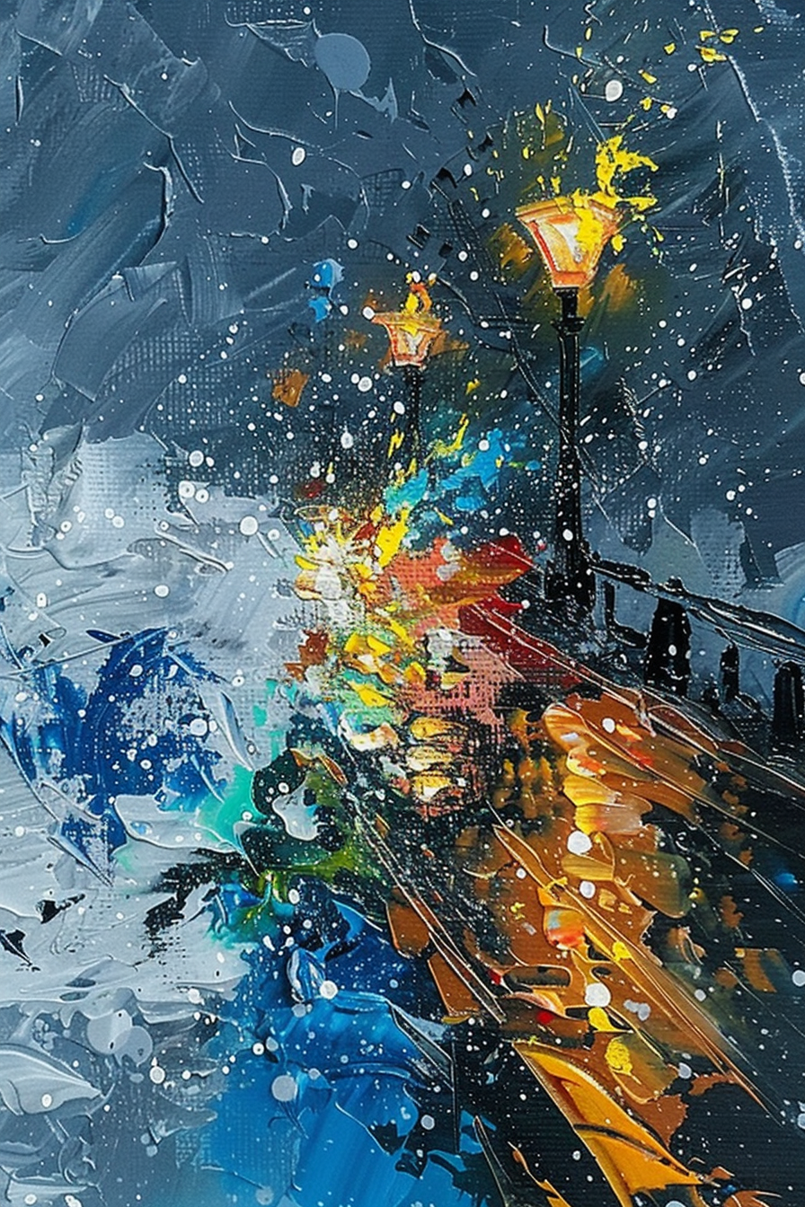 Abstract colorful painting depicting a rainy street scene illuminated by street lamps.