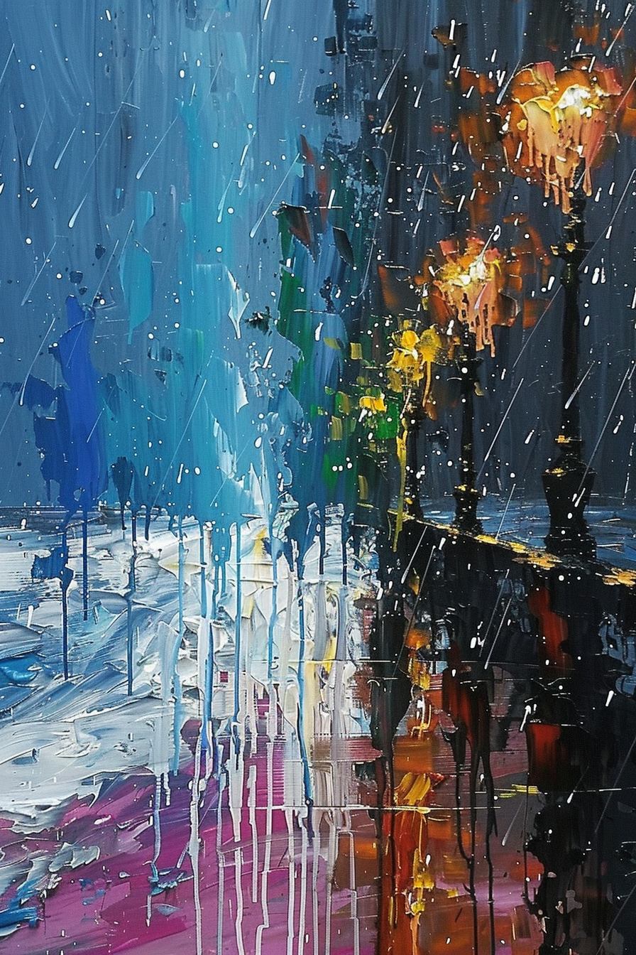 "Abstract textured painting depicting a vibrant, rainy street scene with illuminated lamp posts and reflective surfaces."