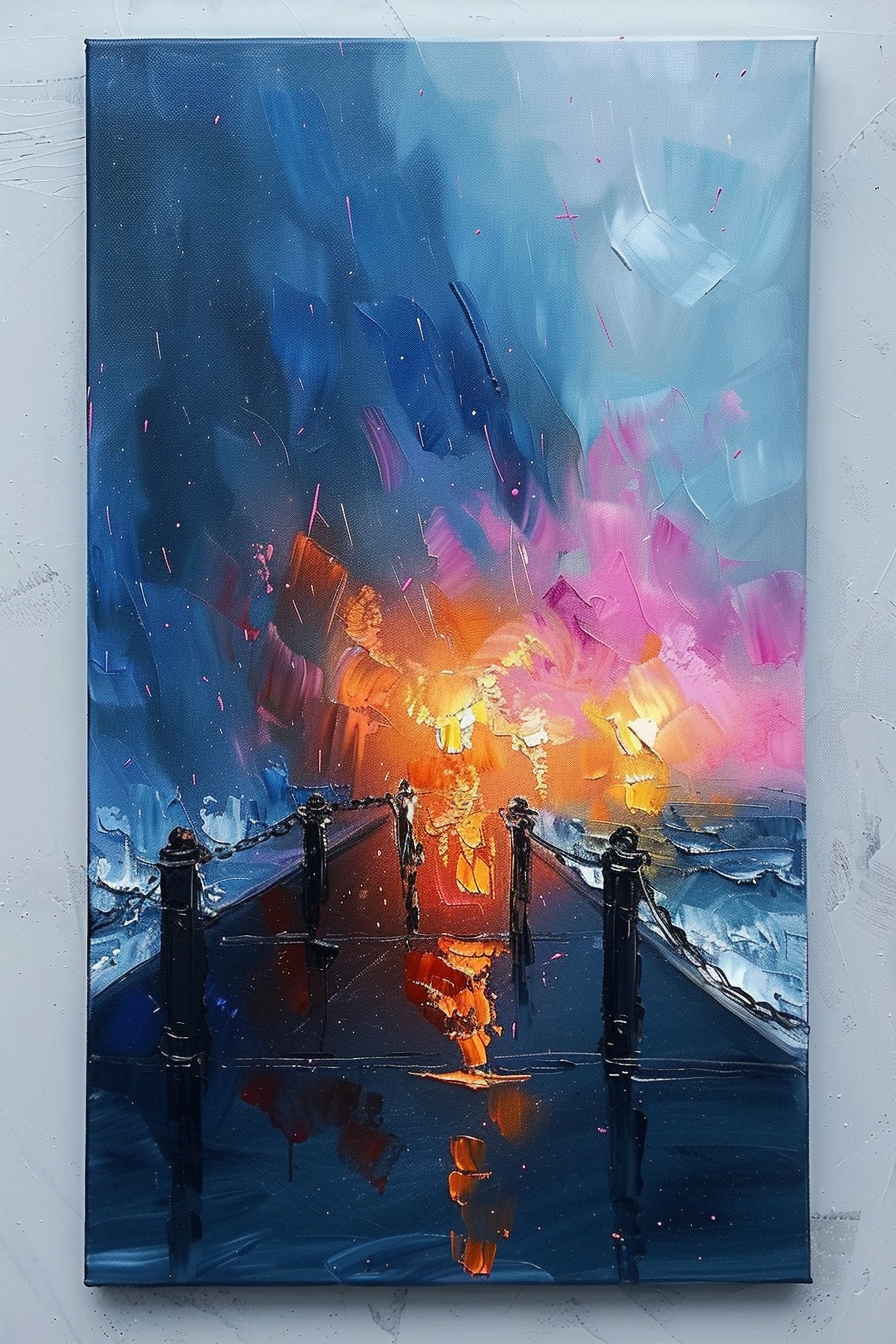 Colorful abstract painting depicting an explosion of light and color above a reflective surface with a silhouette of a balustrade.