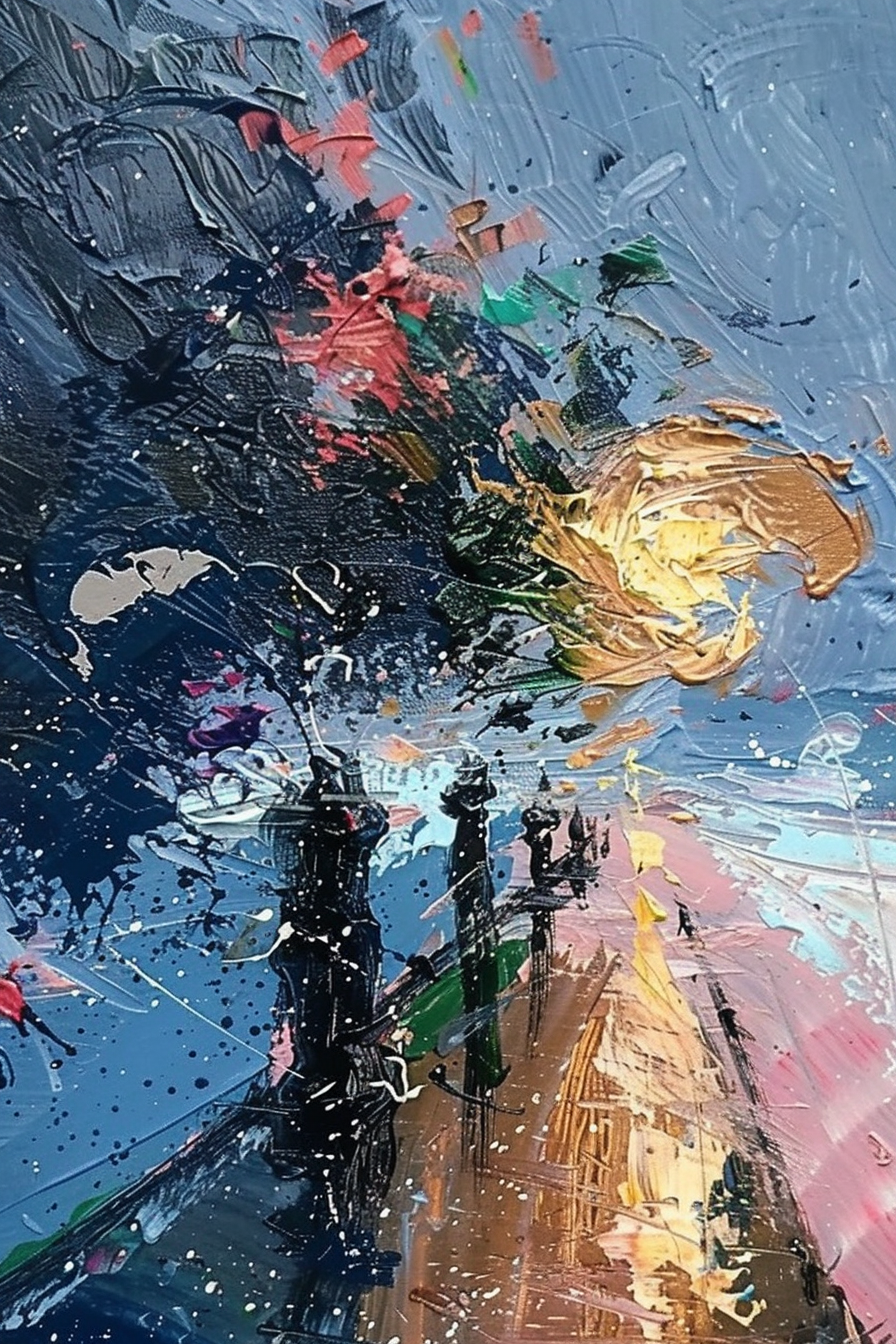 Abstract acrylic painting with vibrant splashes of color depicting silhouetted figures walking on a street in the rain.