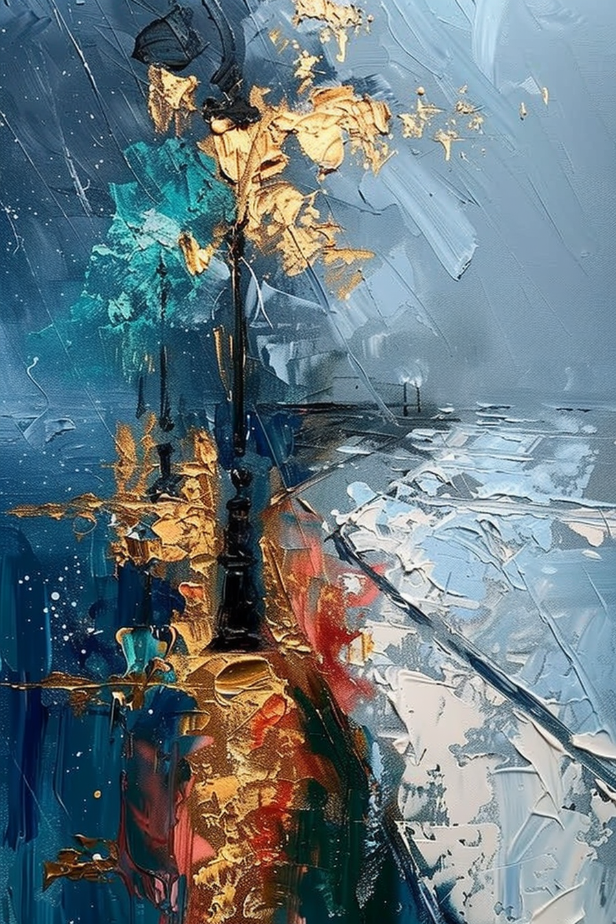 "Abstract textured painting with vivid golds, blues, and reds evoking a rainy street scene lit by a lamppost at night."