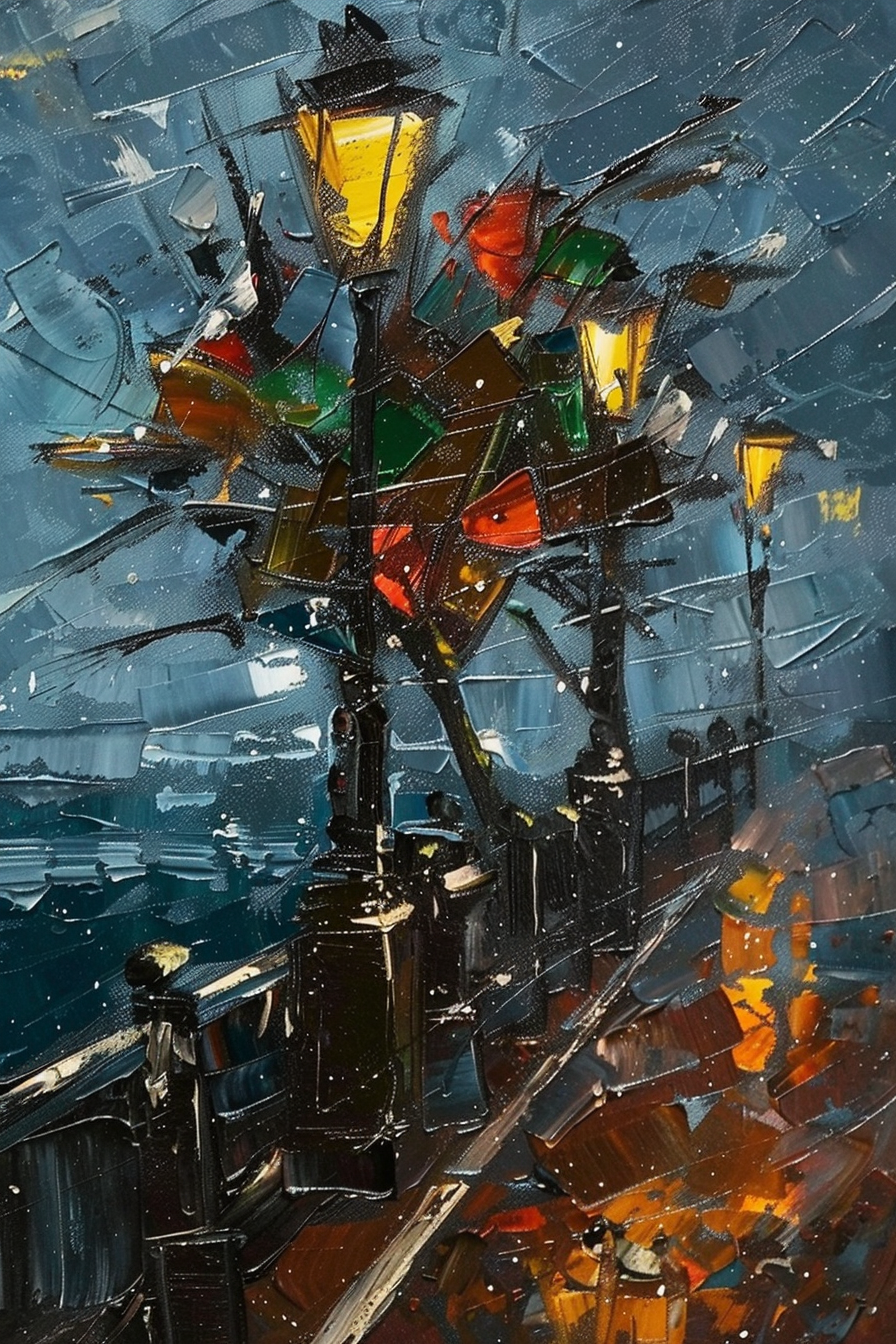 Expressive, textured painting of a vibrant, illuminated street scene at night showcasing colorful umbrellas and a lit lamppost.