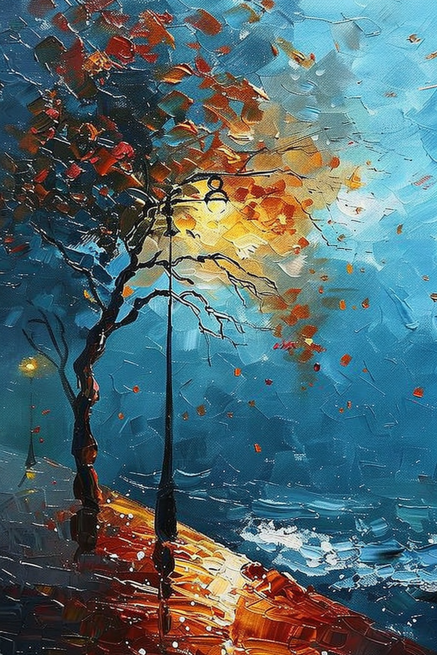 "Vibrant oil painting of a solitary lamp post with golden light, flanked by a colorful tree against an expressive blue sky."