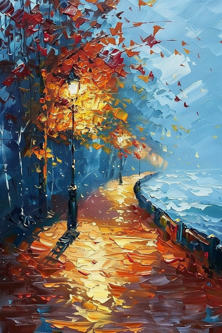 A vibrant painting of an autumnal scene with a lit streetlamp and scattered leaves on a path beside water.