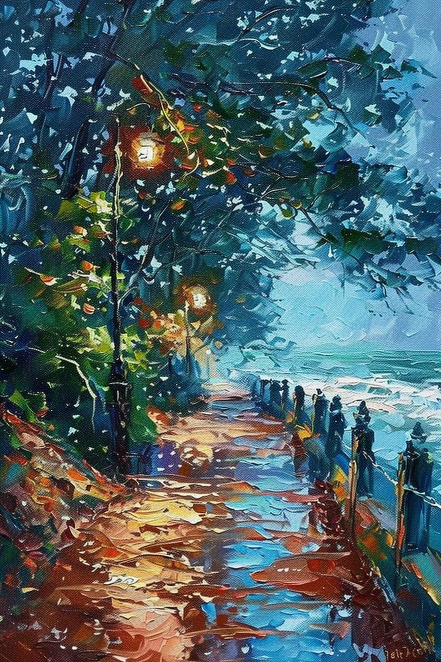 Impressionist painting of a seaside walkway with street lamps casting a warm glow among trees and a blue ocean backdrop.