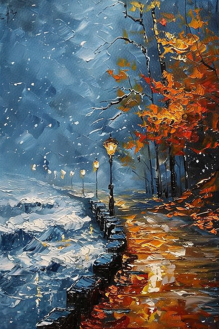 "Vibrant oil painting of a lamp-lit park path beside water, with autumn trees and a snowflake-speckled blue sky."