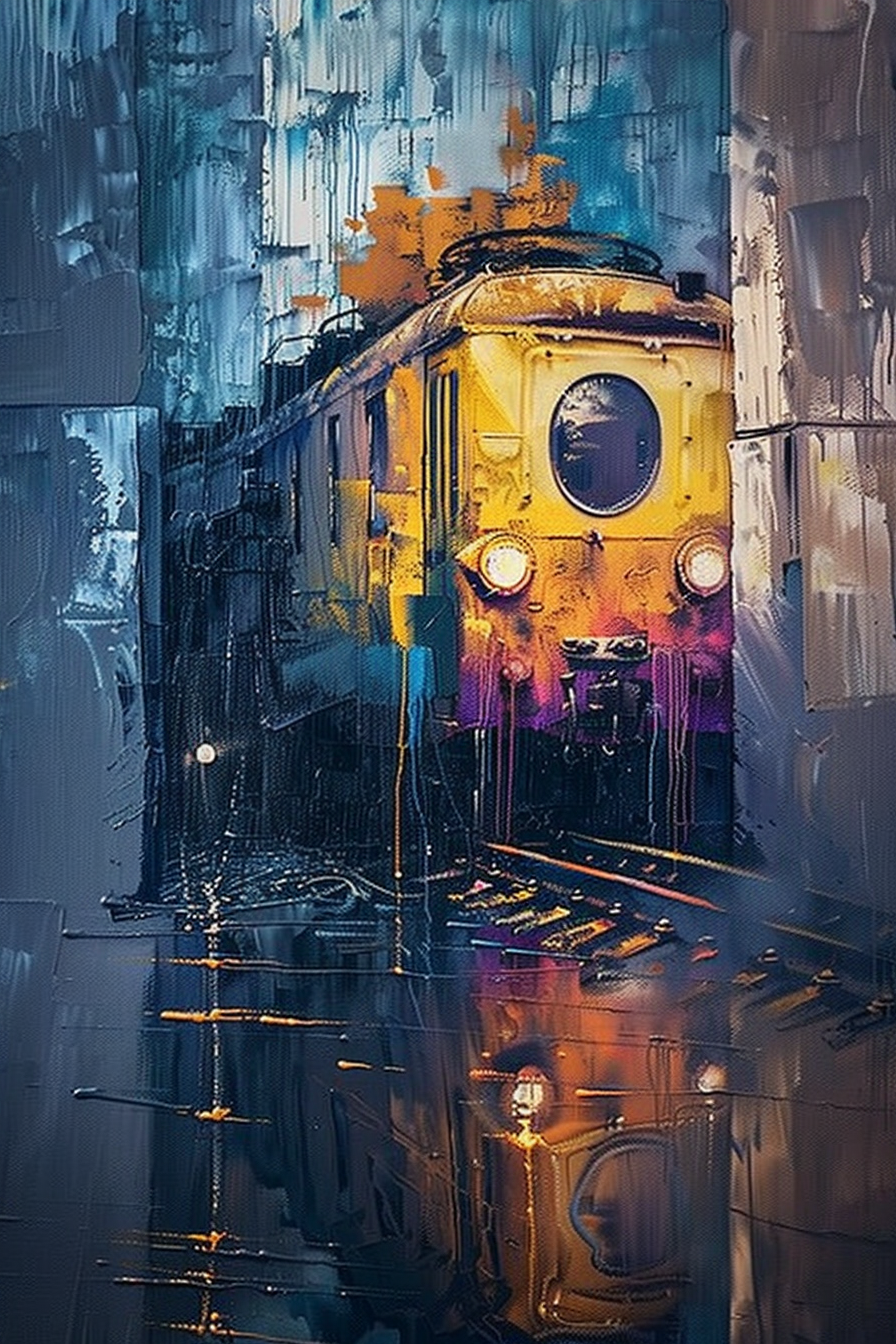 Colorful painting of a yellow train in a rainy, abstract urban setting, reflecting on wet surfaces with a blurred, impressionist style.