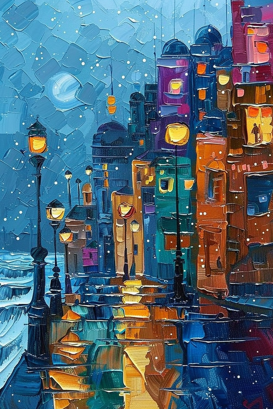 Colorful, expressive painting of a cityscape at night with illuminated buildings and street lamps, reflecting on wet cobblestones.