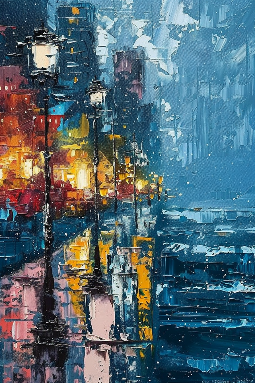 Abstract colorful cityscape painting with street lamps, illuminated windows, and dynamic brushstrokes under a blue sky.