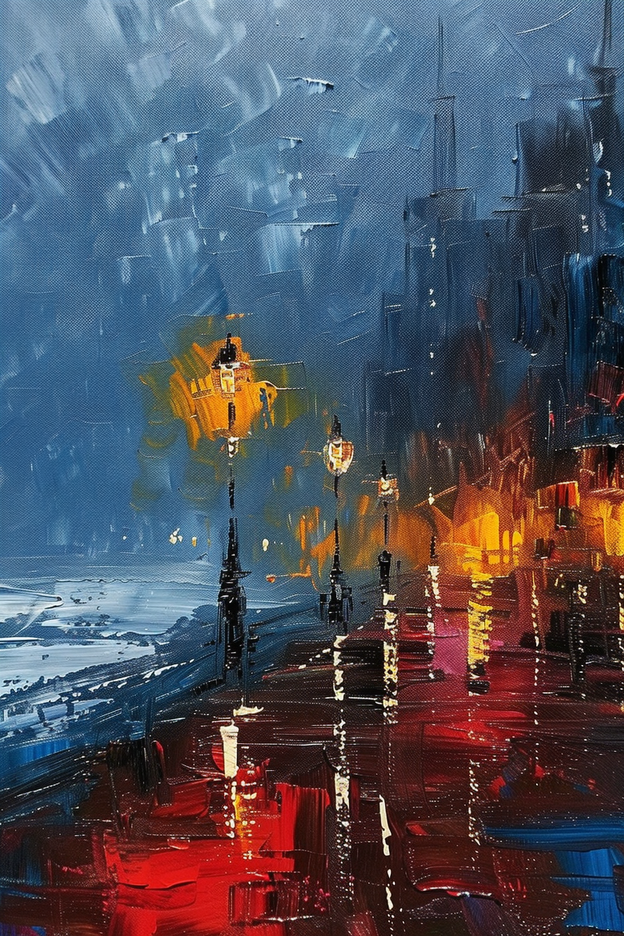 ALT: An abstract oil painting depicting a vibrant cityscape at night with illuminated streets and buildings against a dark blue sky.