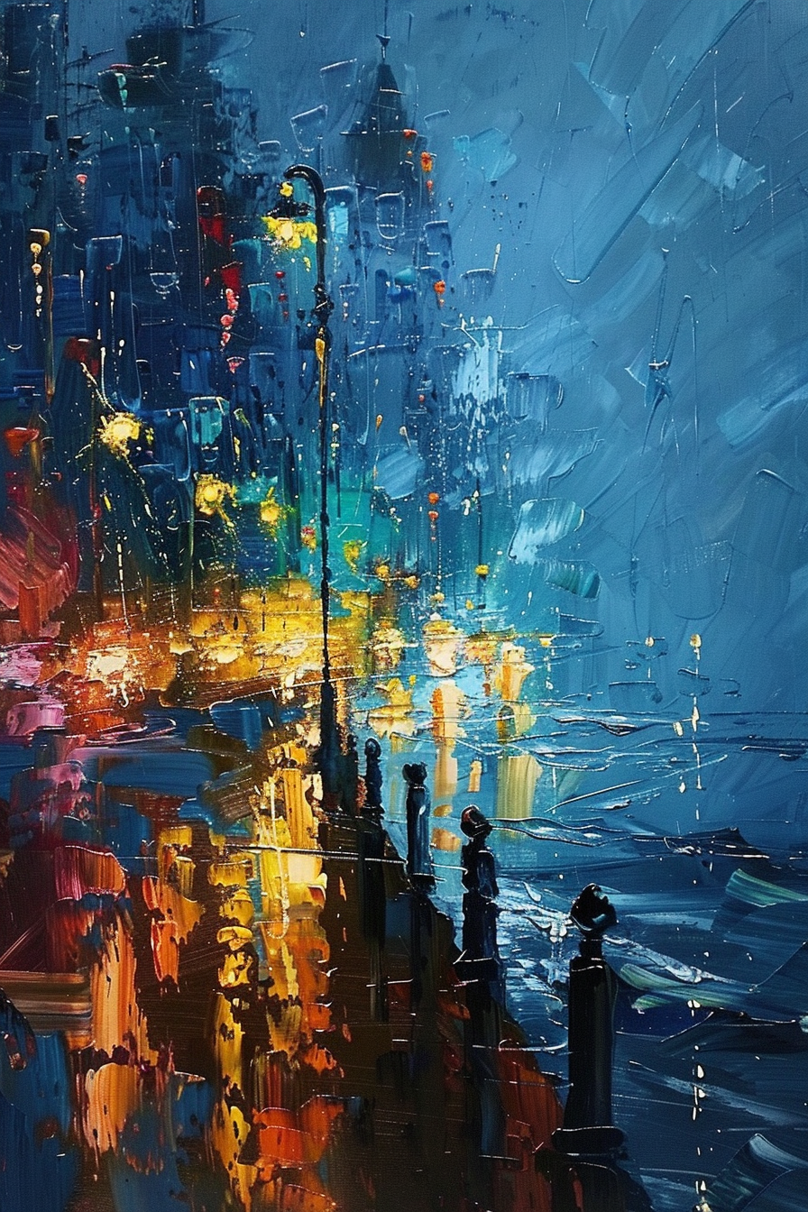 "Abstract cityscape painting with vibrant blues and yellows, depicting a rainy urban scene with reflections on wet pavement."