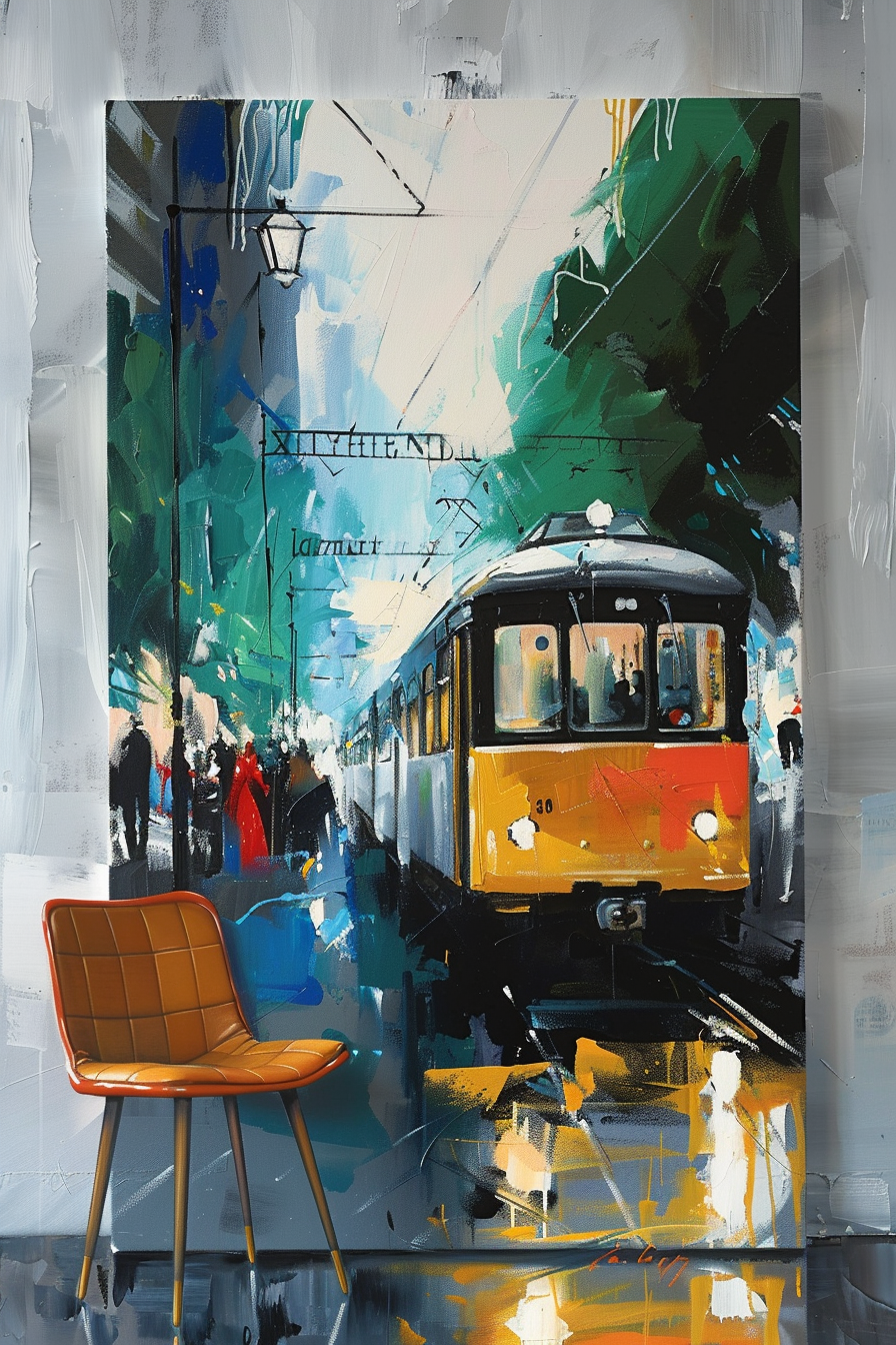 "Abstract cityscape painting with vivid brushstrokes portraying a yellow and orange tram, silhouetted figures, and a lone orange chair in the foreground."