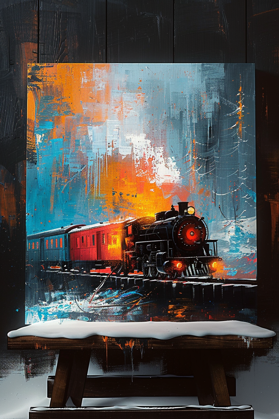 Colorful abstract painting of a steam locomotive on canvas, displayed on an easel with paint drips on the shelf.