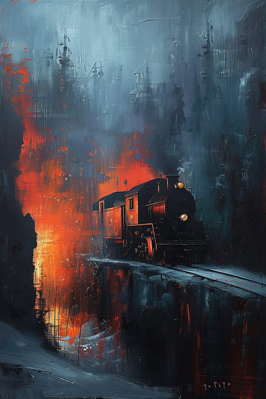 An expressionist painting of a dark train against a bold red and blue backdrop, reflecting an intense, moody atmosphere.