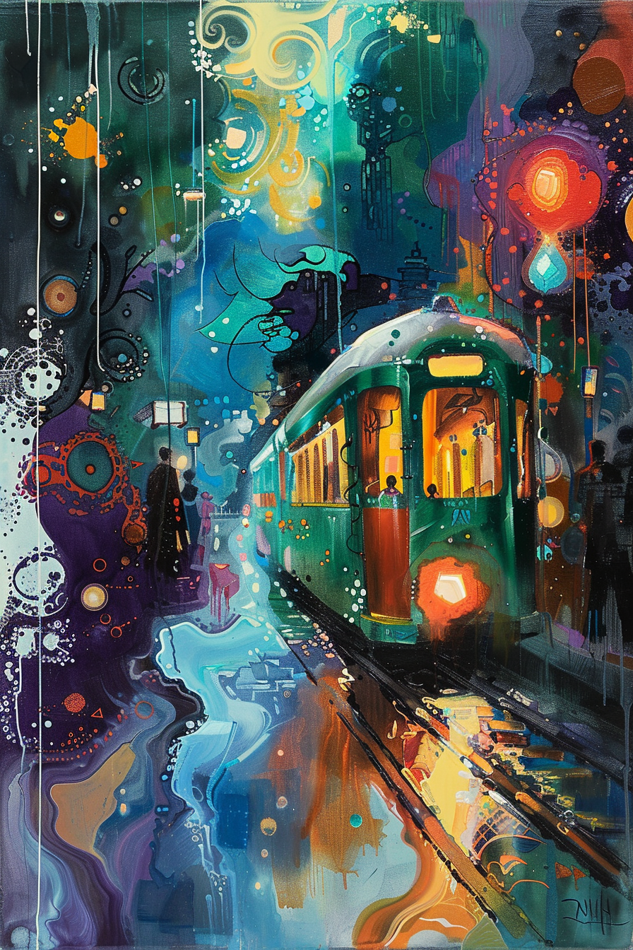 Vibrant painting of a train at a station with abstract, colorful designs and a figure with an umbrella in the foreground.