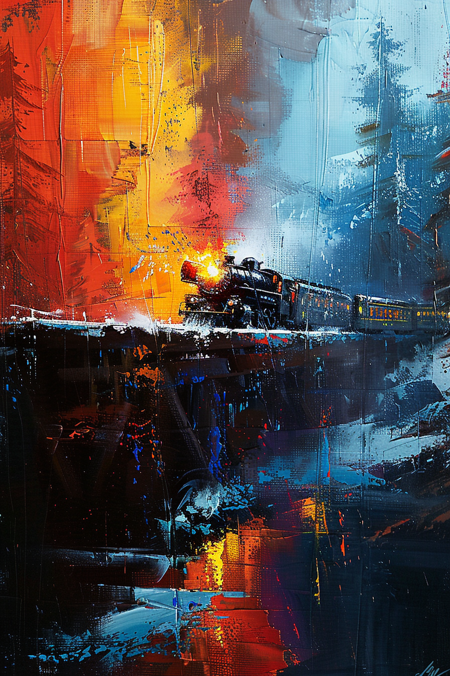 "Vibrant abstract painting of a steam train crossing a bridge, with a mix of warm and cool colors creating a dynamic atmosphere."