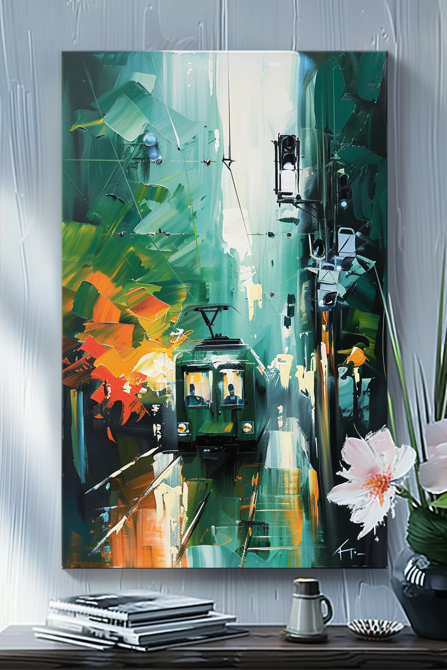 Abstract painting of a tram amidst vibrant splashes of color, displayed above a stack of books on a dark wood surface, with a flower vase nearby.