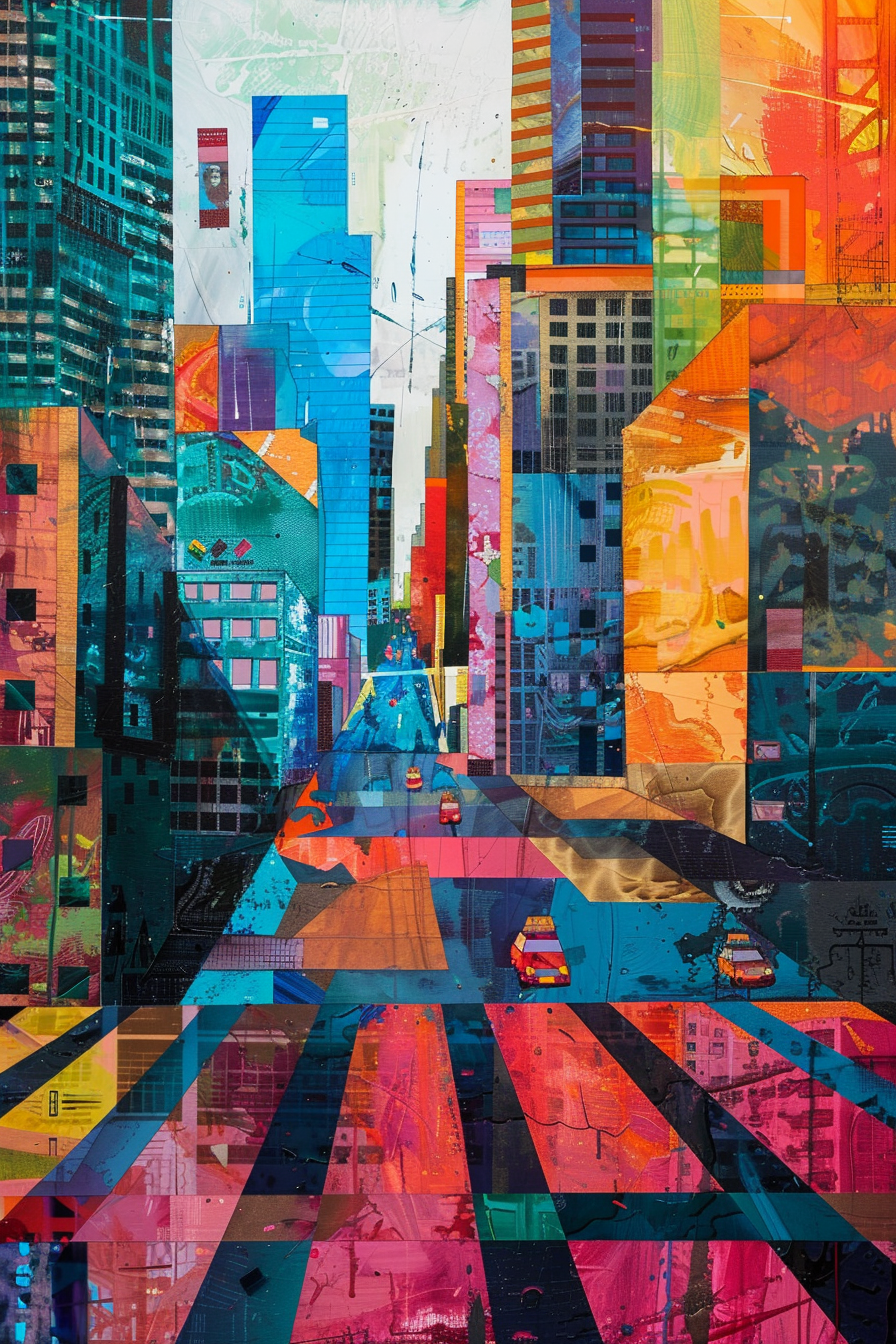 Colorful abstract cityscape painting with geometric shapes and fragmented urban imagery.