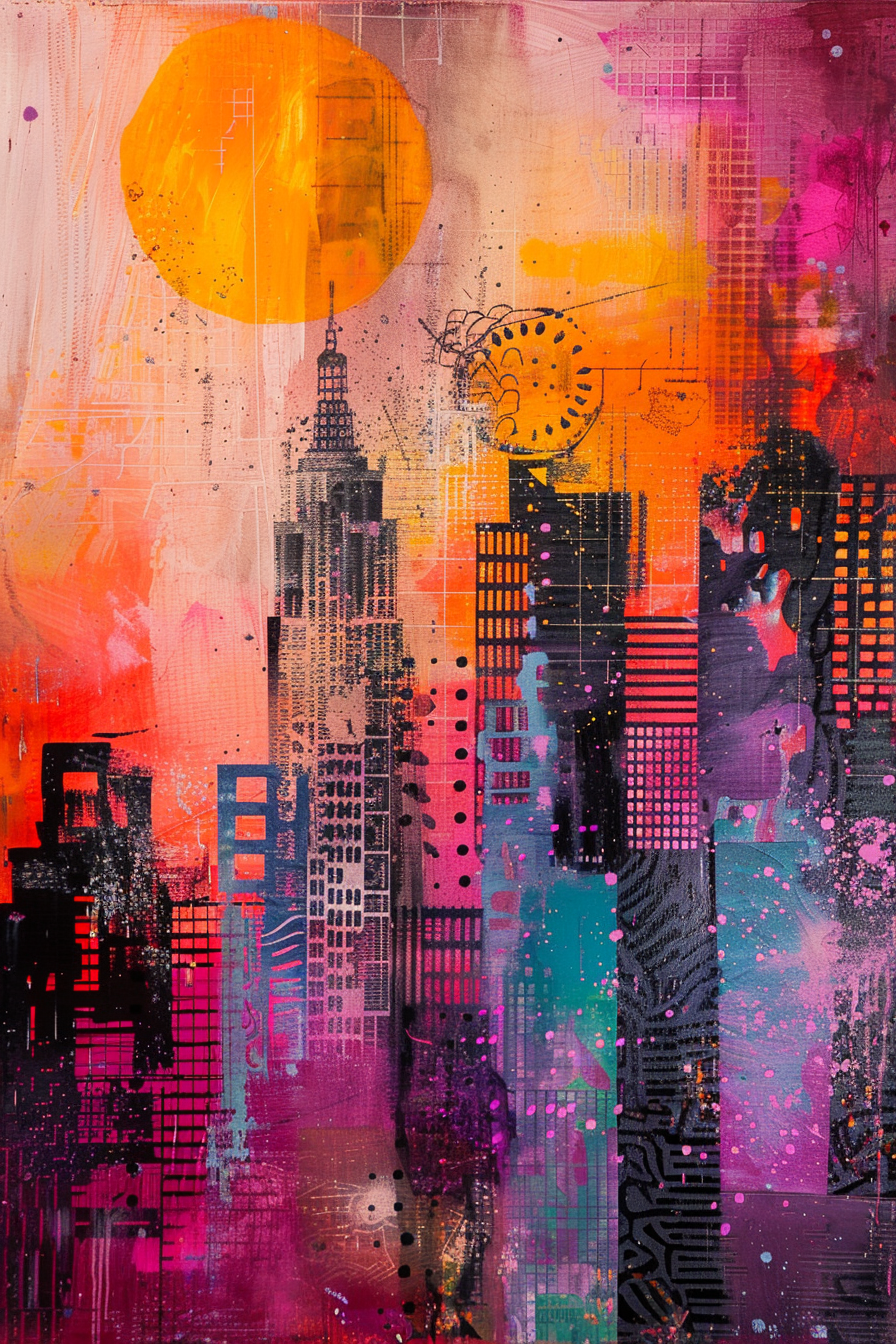 Colorful abstract cityscape painting with vibrant pink and orange hues, featuring a large sun and scattered urban silhouettes.