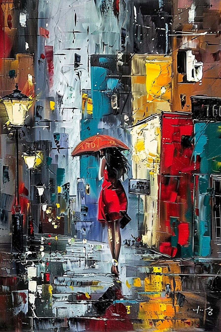 Woman in red dress holding an umbrella on a colorful, rain-soaked street with vibrant reflections and street lamps.